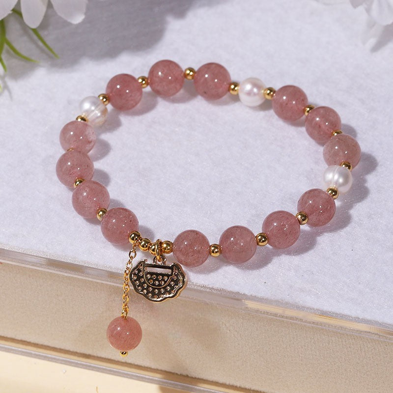 Strawberry Quartz Pearl Beaded Lock Charm Pendant Bracelet