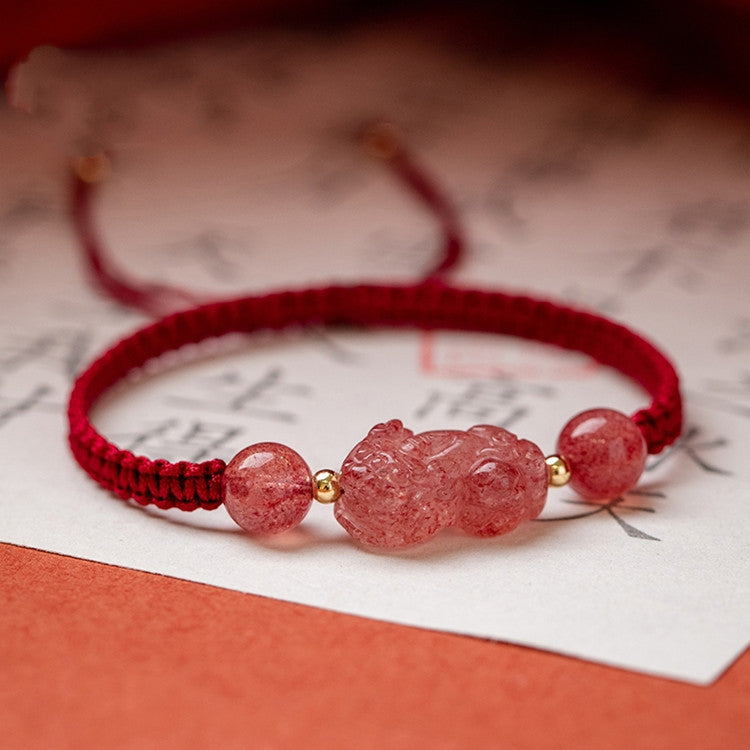 Strawberry Quartz Pixiu Red String Bracelet