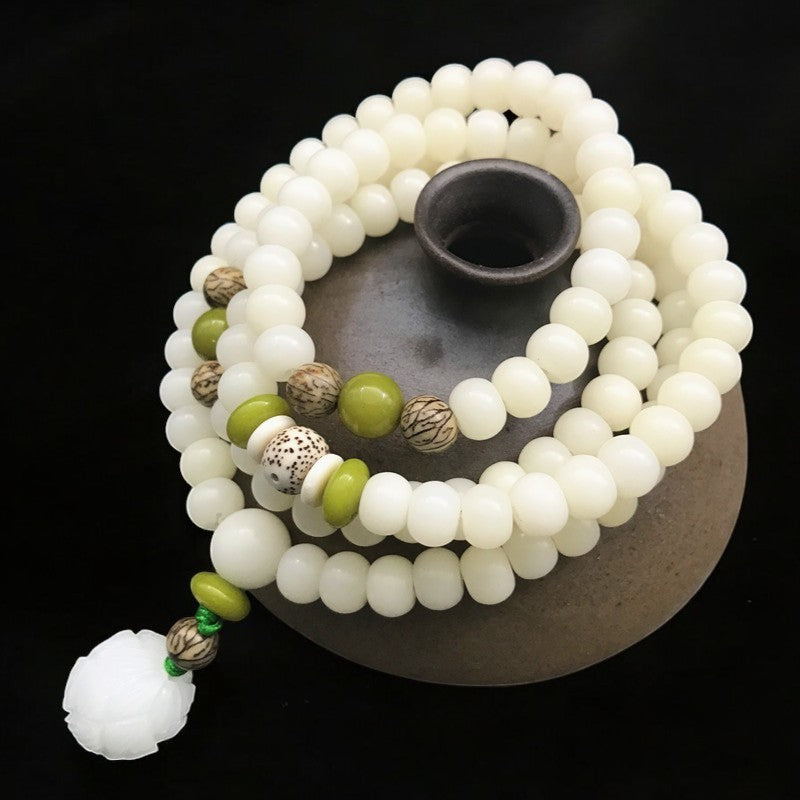 White Jade Bodhi Lotus Mala Beads Necklace Bracelet Black