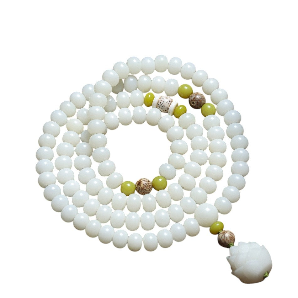 White Jade Bodhi Lotus Mala Beads Necklace Bracelet white
