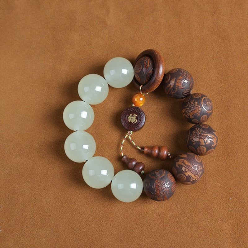 Wood & Jade Buddha Mala Beads Pendant Bracelet