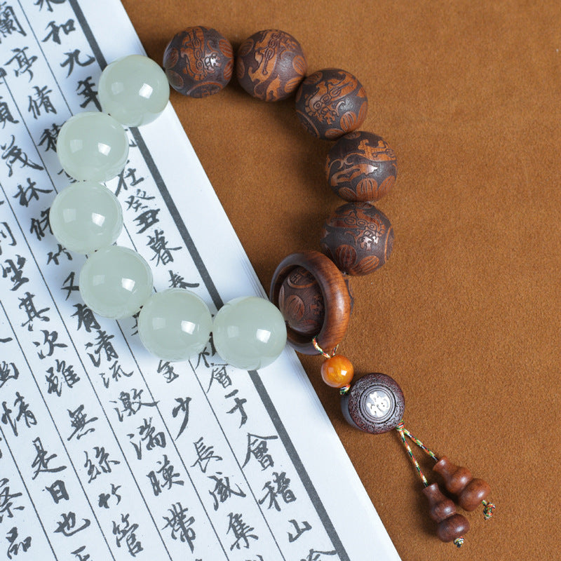Wood & Jade Buddha Mala Beads Pendant Bracelet