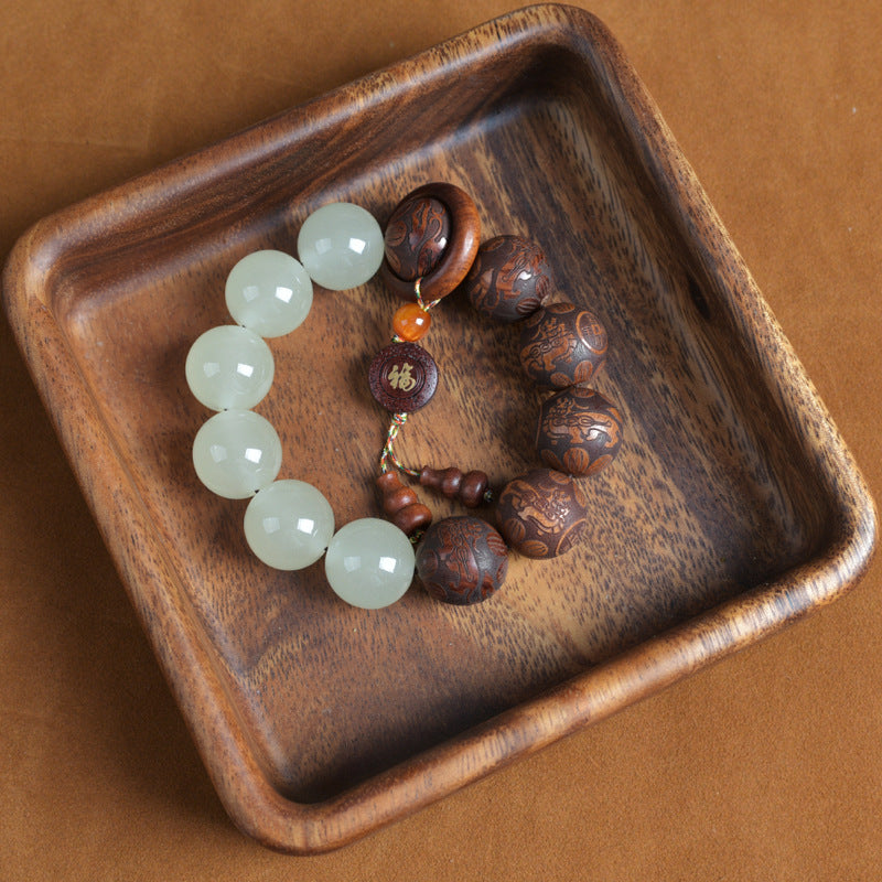 Wood & Jade Buddha Mala Beads Pendant Bracelet