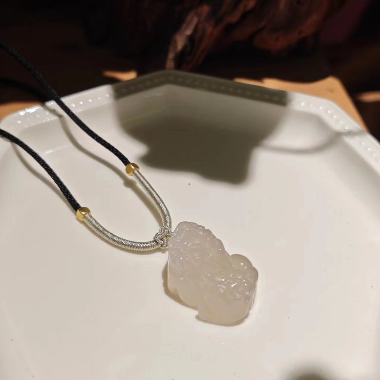White Chalcedony Pixiu Pendant Necklace