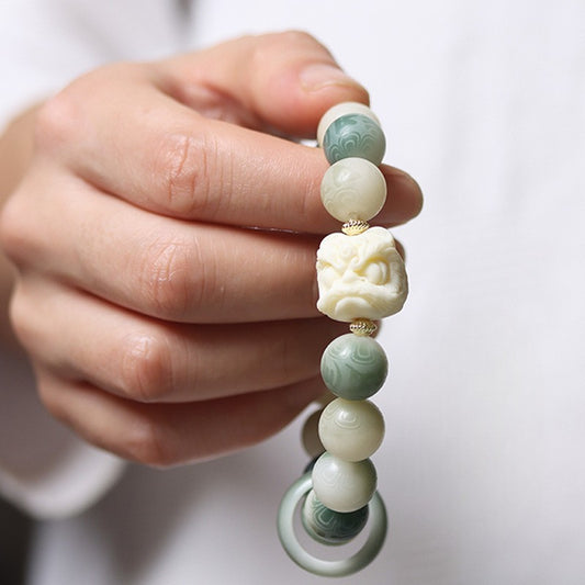 Bodhi Seed Six-Syllable Mantra Carved Dancing Lion Beads Bracelet