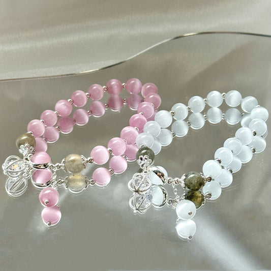 Glücksperlenarmband aus Katzenauge und Mondstein