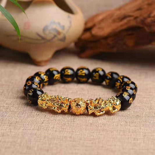 Double Pixiu Mantra Obsidian Wealth Orb Bracelet