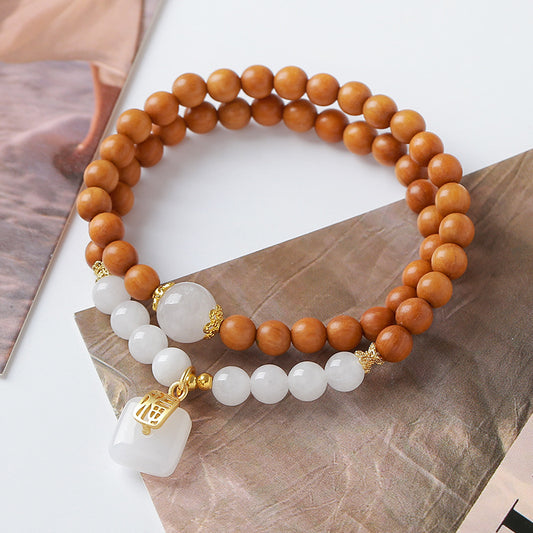 Double Wrap Buddhist Wooden Beads Jade Pendant Bracelet