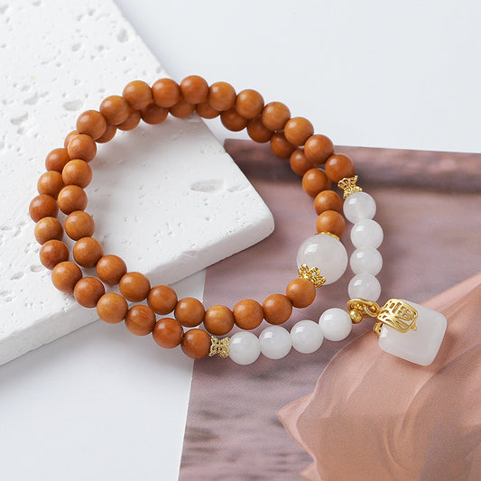 Double Wrap Buddhist Wooden Beads Jade Pendant Bracelet