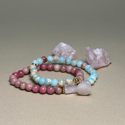 Double Wrap Natural Rhodonite Shoushan Stone Bracelet