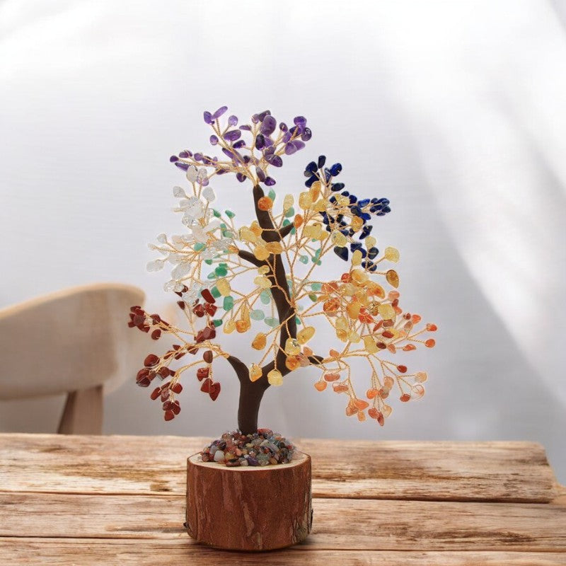 Feng Shui Chakra Gemstone Bonsai Tree Grass Black Wood