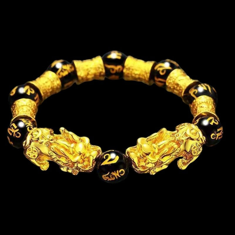 Feng Shui Double Pixiu Black Obsidian Bracelet blk