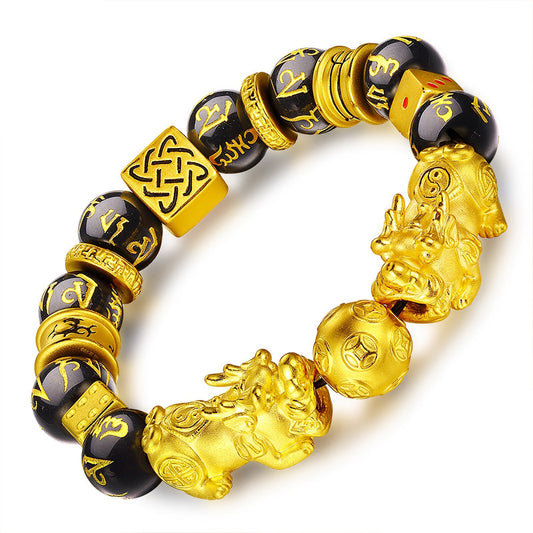 Golden Pixiu & Fortune Dice Wealth Guardian Obsidian Bracelet