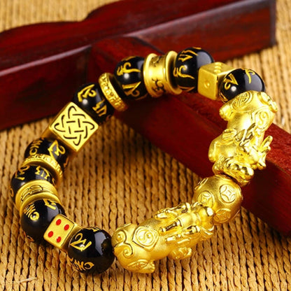 Golden Pixiu & Fortune Dice Wealth Guardian Obsidian Bracelet