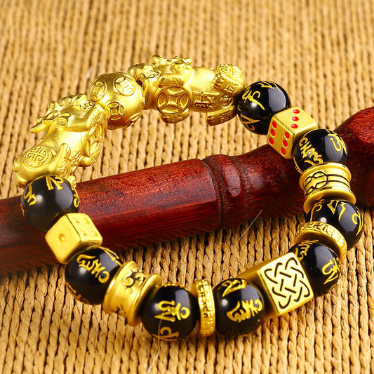 Golden Pixiu & Fortune Dice Wealth Guardian Obsidian Bracelet