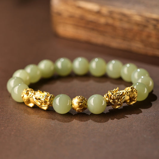 Golden Pixiu Jade Bead Bracelet