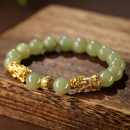 Golden Pixiu Jade Bead Bracelet