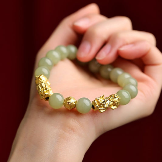 Golden Pixiu Jade Bead Bracelet