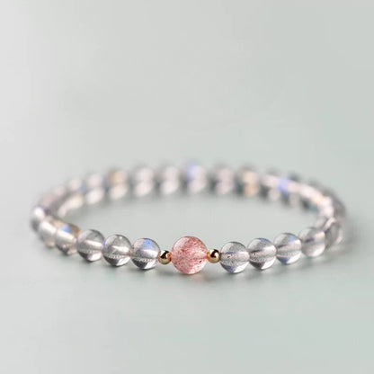 Gray Moonstone and Strawberry Quartz Beaded Bracelet