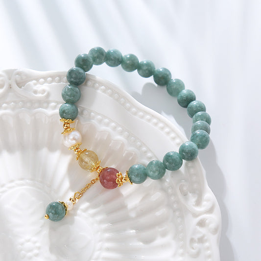 Green Jade Strawberry Quartz Pearl Beaded Bracelet