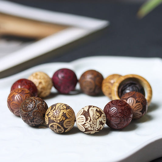 Hand-Carved Wooden Chinese Zodiac Mala Beads Bracelet