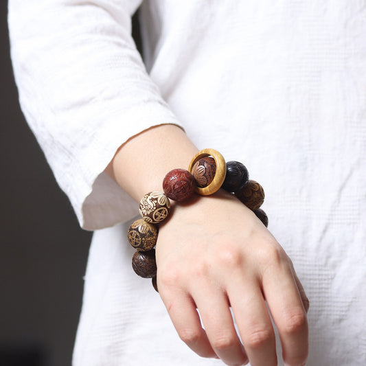 Hand-Carved Wooden Chinese Zodiac Mala Beads Bracelet