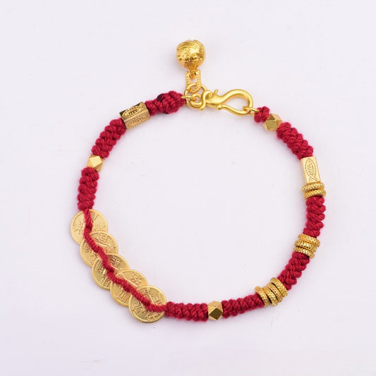 Handwoven Tibetan Five Emperor Coins Red String Bracelet 