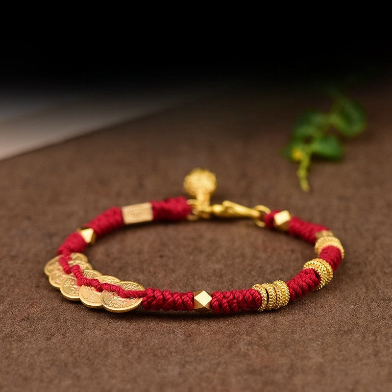 Handwoven Tibetan Five Emperor Coins Red String Bracelet 