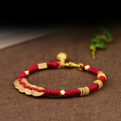 Handwoven Tibetan Five Emperor Coins Red String Bracelet 