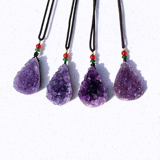 Natural Amethyst Druzy Teardrop Pendant Necklace