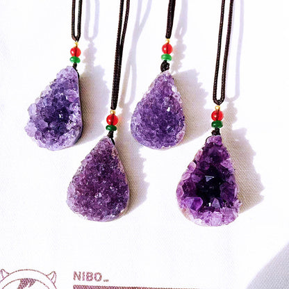 Natural Amethyst Druzy Teardrop Pendant Necklace