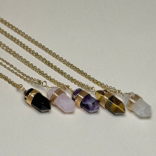 Natural Crystal Hexagon Wire-Wrapped Necklace