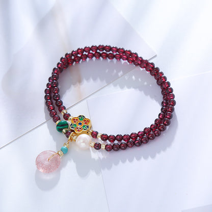 Natural Garnet Bead Strawberry Crystal Peace Buckle Pendant Bracelet