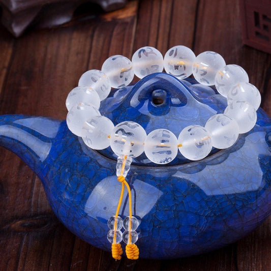 Om Mani Padme Hum Mantra White Crystal Beaded Bracelet