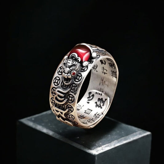 Pixiu Feng Shui Red Garnet Wealth Ring 1