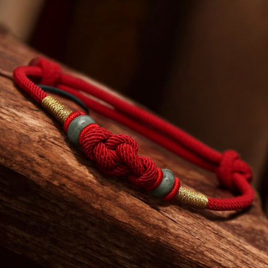 Red String Jade Luck & Fortune Knot Couple Bracelet wood