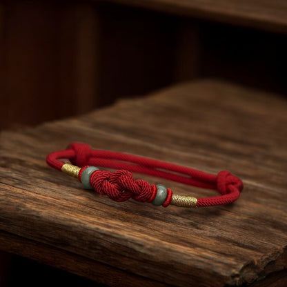 Red String Jade Luck & Fortune Knot Couple Bracelet wooden