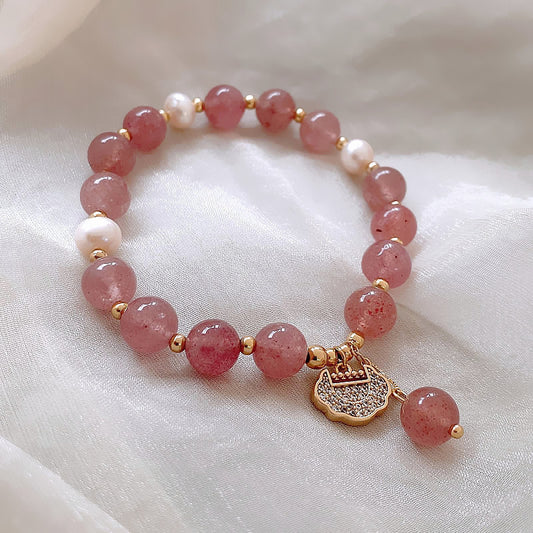 Strawberry Quartz Pearl Beaded Lock Charm Pendant Bracelet