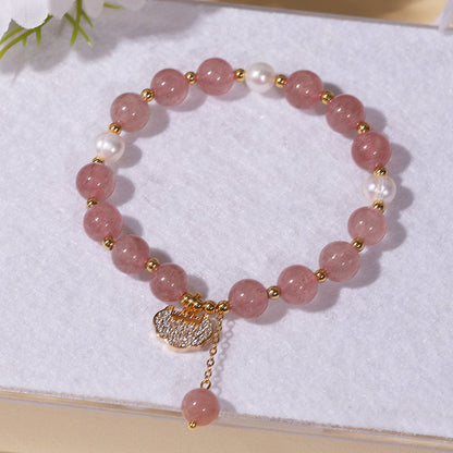 Strawberry Quartz Pearl Beaded Lock Charm Pendant Bracelet