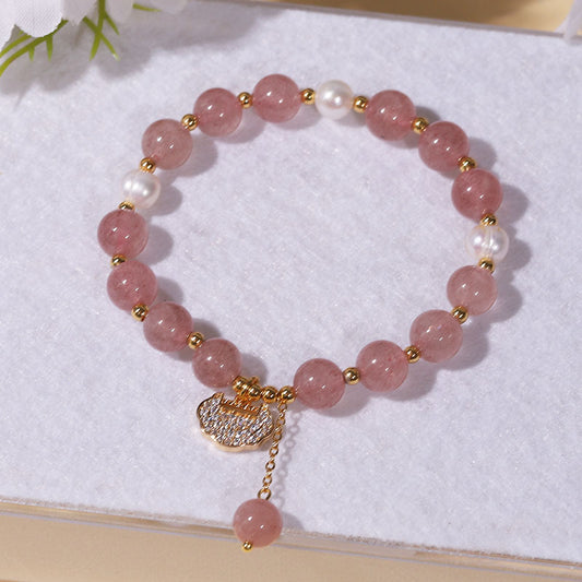 Strawberry Quartz Pearl Beaded Lock Charm Pendant Bracelet