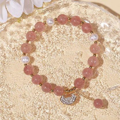 Strawberry Quartz Pearl Beaded Lock Charm Pendant Bracelet