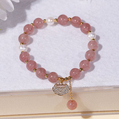 Strawberry Quartz Pearl Beaded Lock Charm Pendant Bracelet