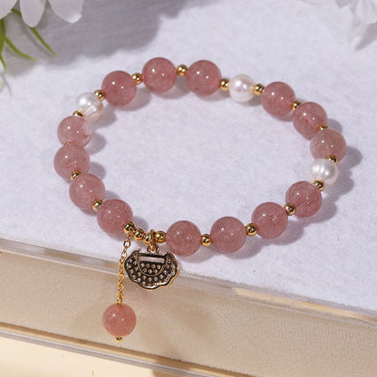 Strawberry Quartz Pearl Beaded Lock Charm Pendant Bracelet