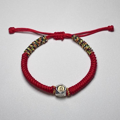 Tibetan Red String Silver Mantra Bead Protection Bracelet
