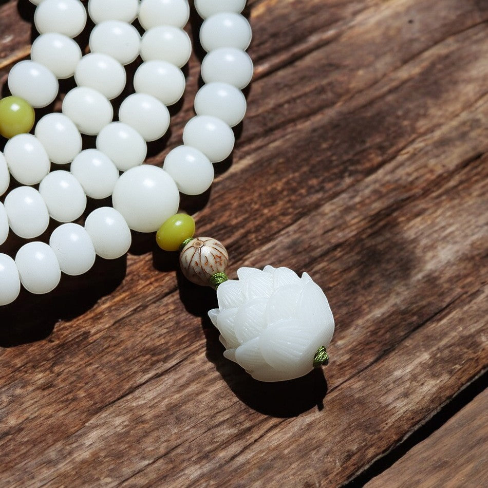 White Jade Bodhi Lotus Mala Beads Necklace Bracelet wood
