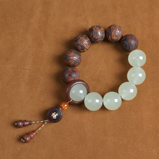 Wood & Jade Buddha Mala Beads Pendant Bracelet