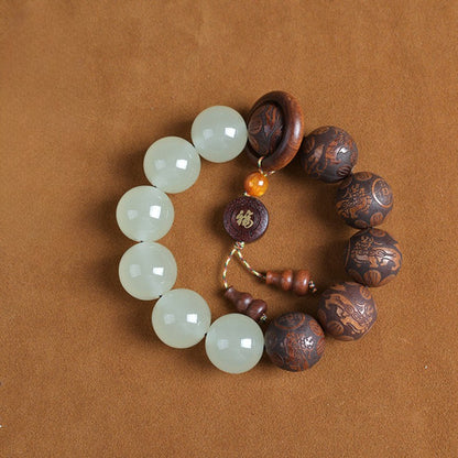Wood & Jade Buddha Mala Beads Pendant Bracelet