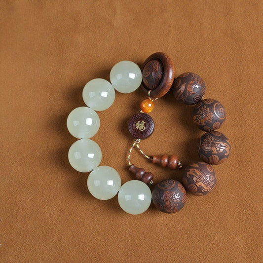 Wood & Jade Buddha Mala Beads Pendant Bracelet