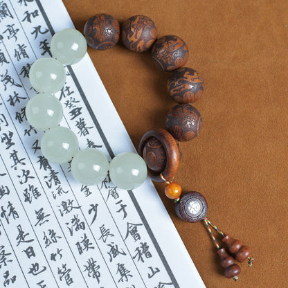 Wood & Jade Buddha Mala Beads Pendant Bracelet