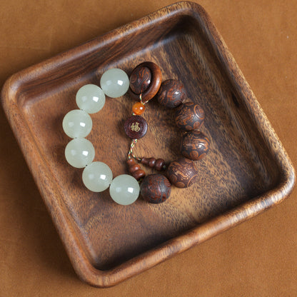 Wood & Jade Buddha Mala Beads Pendant Bracelet